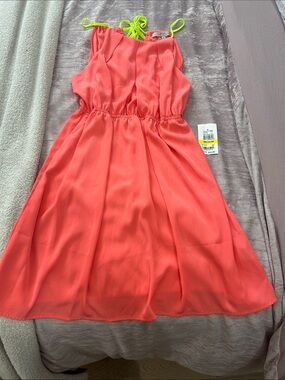 Juniors Coral Sleeveless Summer Dress with Neon Accent